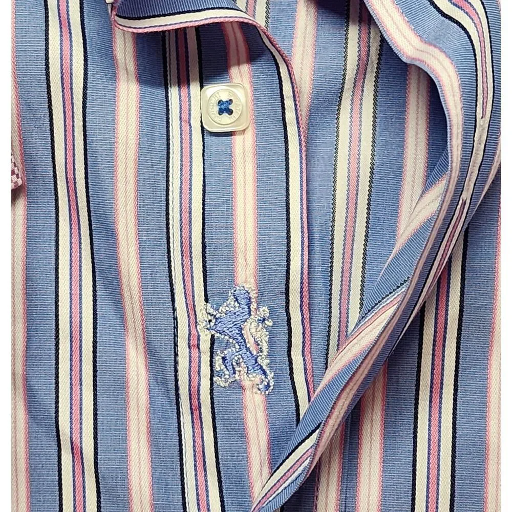Bugatchi Mens Size Medium Long‎ Sleeve Button Down Blue/Pink Stripes